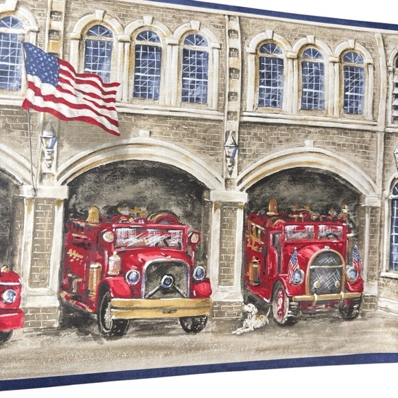 York Wallpaper Border Prepasted Fire Station Truck Dog Flag 5 YD X 9 inches NEW - Picture 1 of 12
